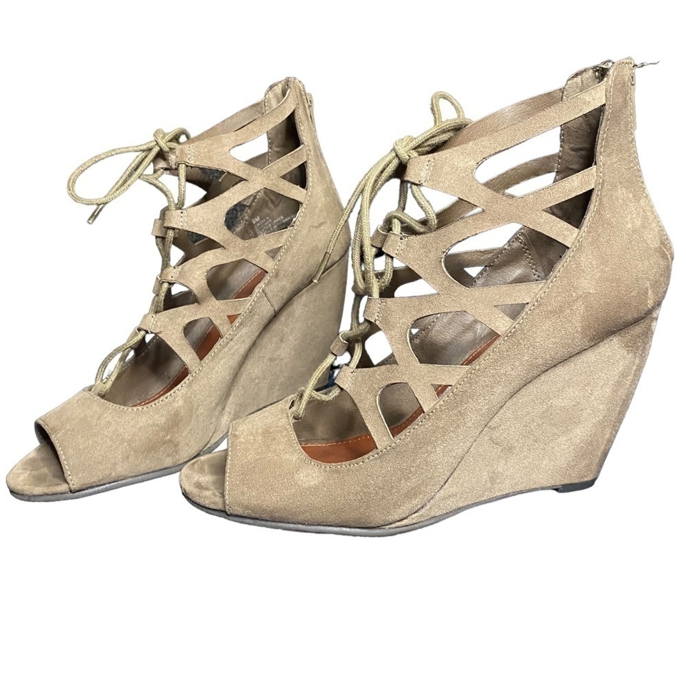 MIA Maris Faux Suede Lace Up Wedge Gladiator Sandals Tan Size 9